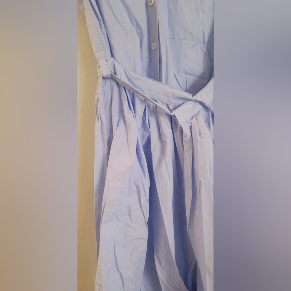 Zara Midi Blue Flared/Pleated Front Button Wrap Tie Waist Cotton Poplin Dress - Picture 11 of 12